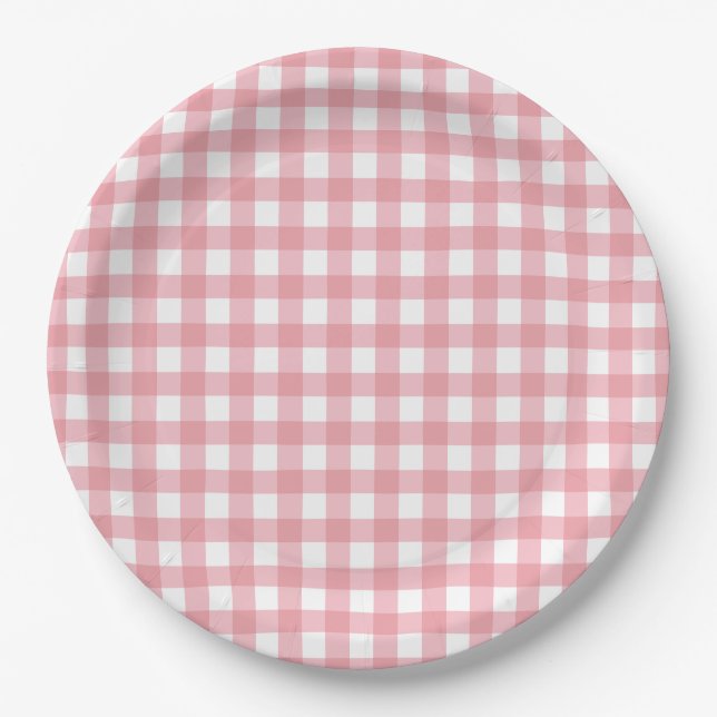 Pink gingham farm birthday paper plates (Front)