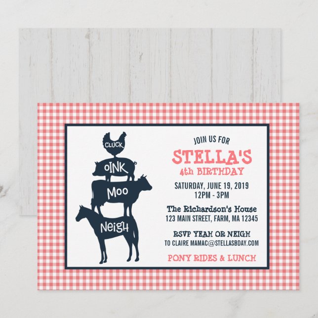Pink Gingham Farm Theme Animal Girl Birthday Invitation (Front/Back)