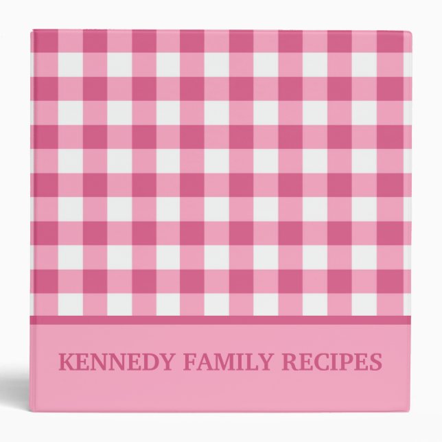 Pink Gingham Farmhouse Kitchen Recipe Personalized 3 Ring Binder (Front)