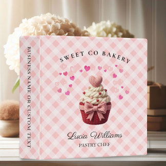 Pink Gingham Faux Crochet Cupcake bakery 3 Ring Binder