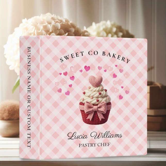 Pink Gingham Faux Crochet Cupcake bakery 3 Ring Binder (Pink Gingham Faux Crochet Cupcake bakery binder)