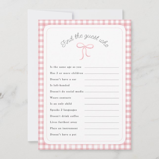 Pink gingham Find the Guest Who shower game Invitation (Front)