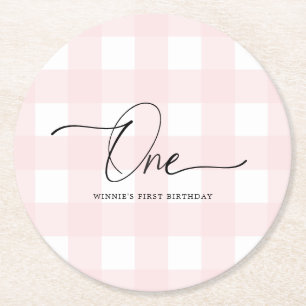 Pink Gingham First Birthday Drink Coaster