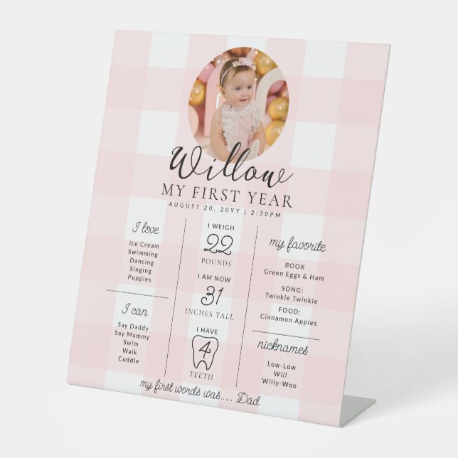 Pink Gingham First Birthday Milestone Timeline Pedestal Sign (Front)