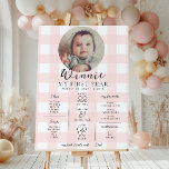 Pink Gingham First Birthday Milestone Timeline Poster<br><div class="desc">Celebrate the first 12 months of your little one with this first birthday milestone sign. Customize the sign with your baby's yearly milestones. To add text to the design simply select the "Customize It" button above for more advanced customization features.</div>