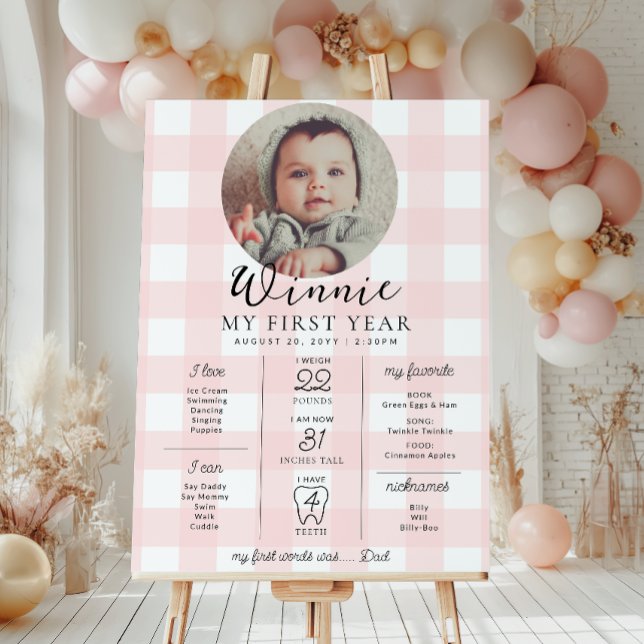 Pink Gingham First Birthday Milestone Timeline Poster (Creator Uploaded)