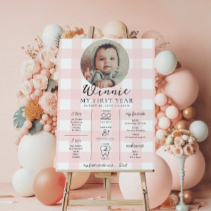 Pink Gingham First Birthday Milestone Timeline Poster