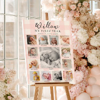 Pink Gingham First Birthday Photo Timeline