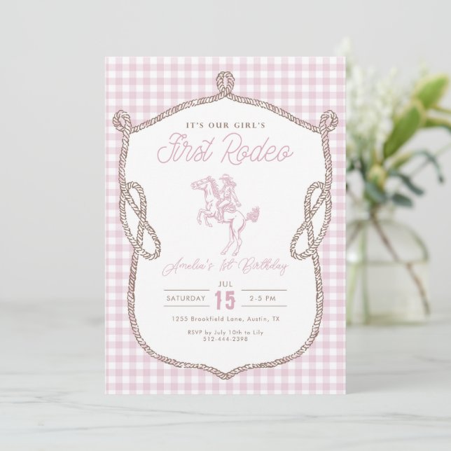 Pink Gingham First Rodeo 1st Birthday Cowboy  Invitation (Standing Front)