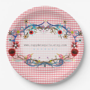 Pink gingham floral art birds paper plates