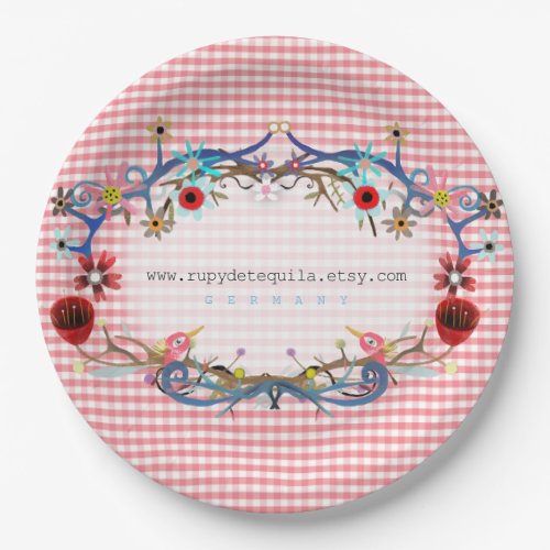 Pink gingham floral art birds paper plates