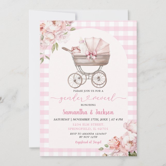 Pink Gingham Floral Baby Carriage Gender Reveal Invitation (Front)