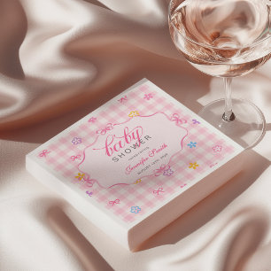 Pink Gingham Floral Bow Baby Shower Napkins