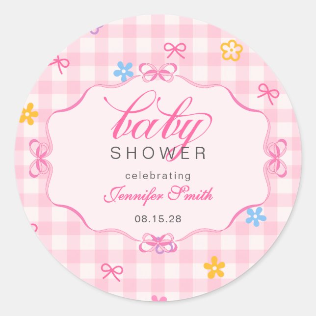 Pink Gingham Floral Bow Baby Shower Sticker (Front)