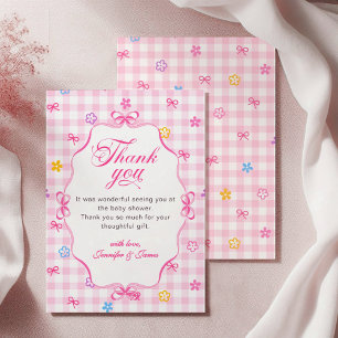 Pink Gingham Floral Bow Baby Shower Thank You Card