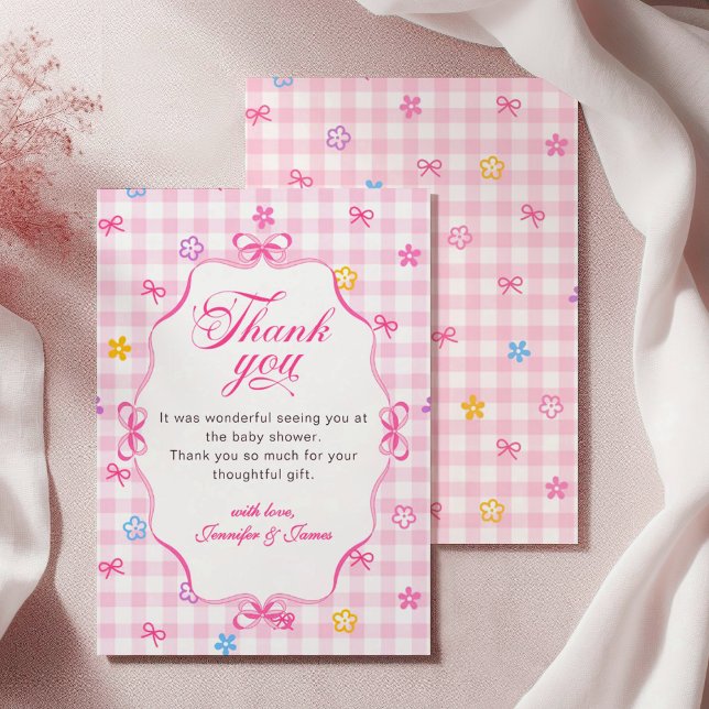 Pink Gingham Floral Bow Baby Shower Thank You Card (Creator Uploaded)