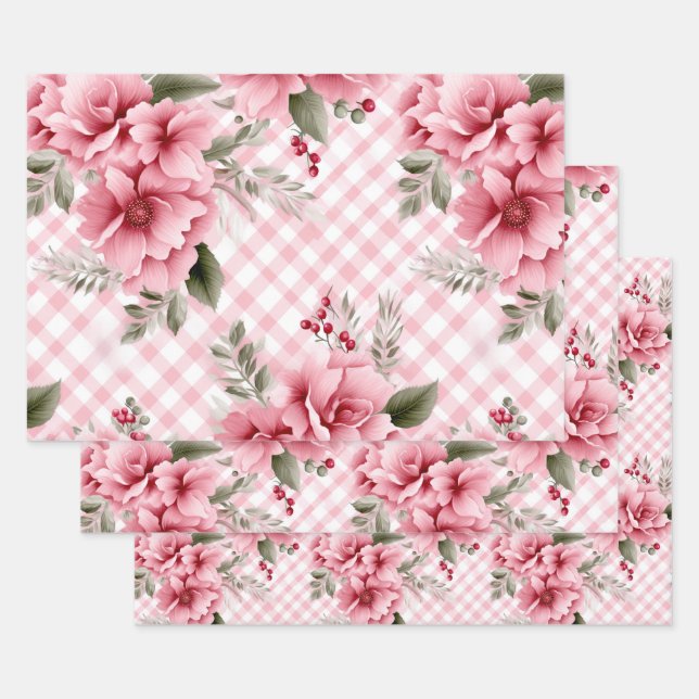 Pink Gingham Floral Christmas Berries Wrapping Paper Sheets (Set)