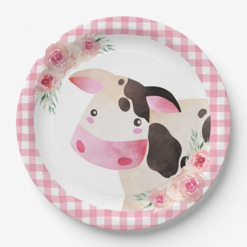 Pink Gingham Floral Cow Farm Animal Paper Plates