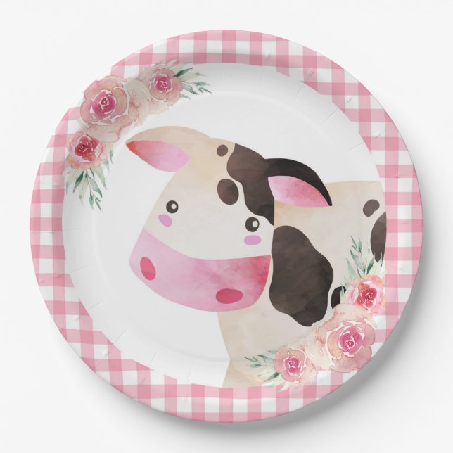 Pink Gingham Floral Cow Farm Animal Paper Plates (Front)