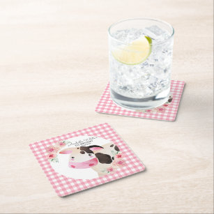 Pink Gingham Floral Cow Farm Animal Square Paper Coaster