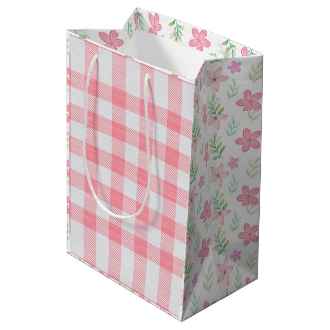 Pink Gingham Floral Cute Plaid Girly Pretty Medium Gift Bag (Back Angled)