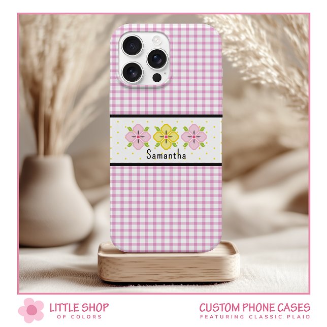 Pink Gingham Floral Monogram Iphone Case (Creator Uploaded)