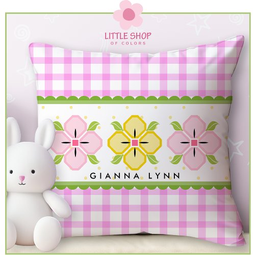 Pink Gingham Floral Monogram Throw Pillow