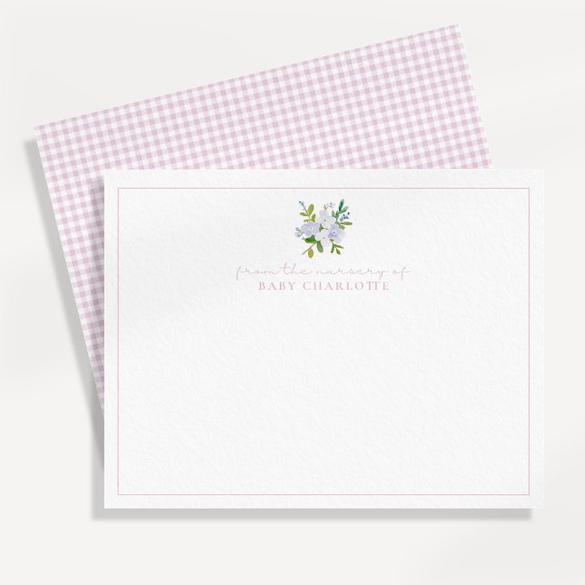 Pink gingham floral nursery baby note card (Creator Uploaded)