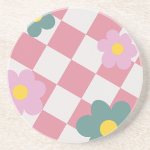 Pink Gingham Floral Pattern – Retro Cute Flower Coaster