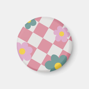 Pink Gingham Floral Pattern – Retro Cute Flower Magnet