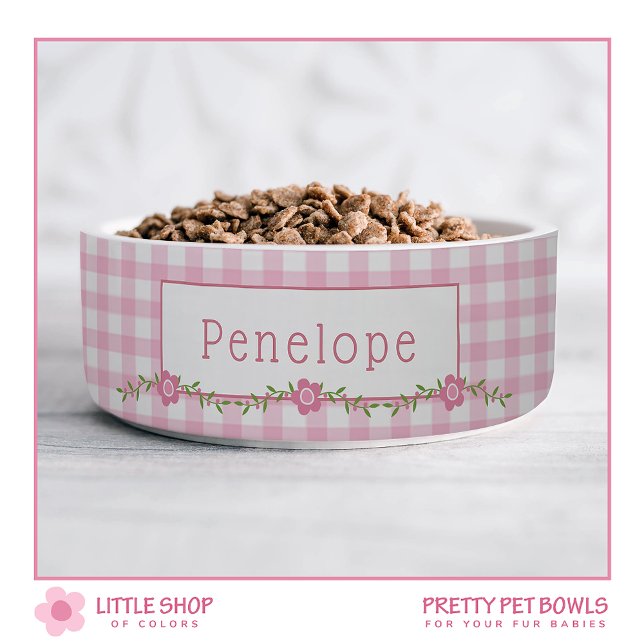 Pink Gingham Floral Personalized Pet Bowl (Creator Uploaded)