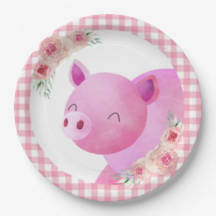 Pink Gingham Floral Pig Farm Animal Barnyard Paper Plates
