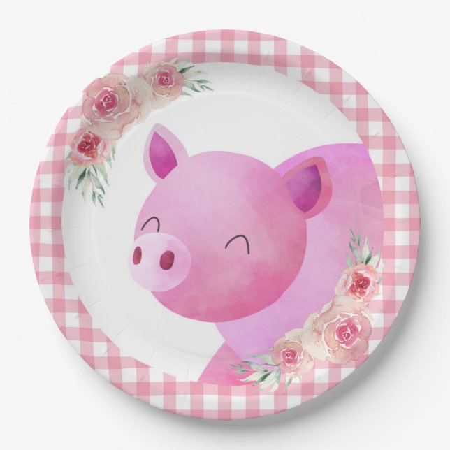 Pink Gingham Floral Pig Farm Animal Barnyard Paper Plates (Front)