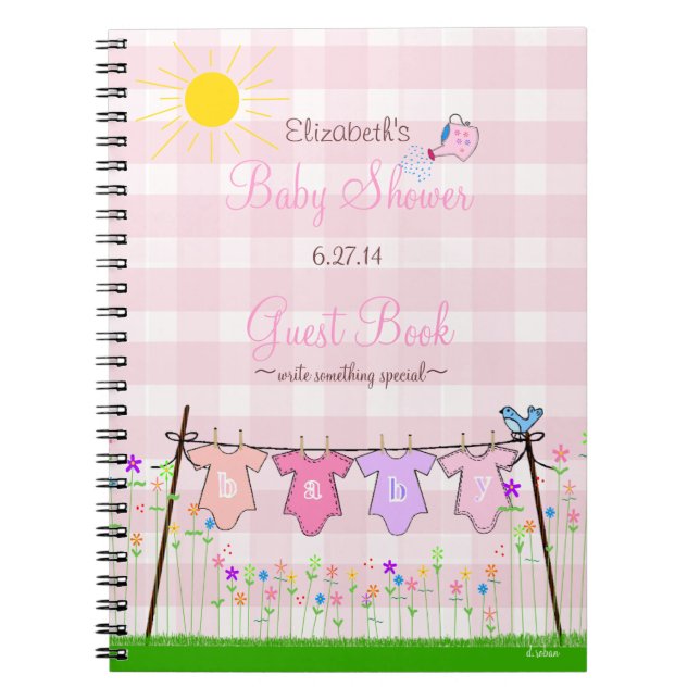 Pink Gingham-Flowers Baby Shower Guest Book- Notebook (Front)