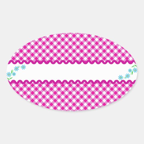 Pink Gingham  Flowers Background Oval Sticker