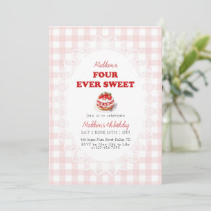 Pink Gingham Four ever Sweet Strawberry Birthday Invitation