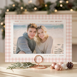 Pink Gingham Frame Photo Foil Holiday Card