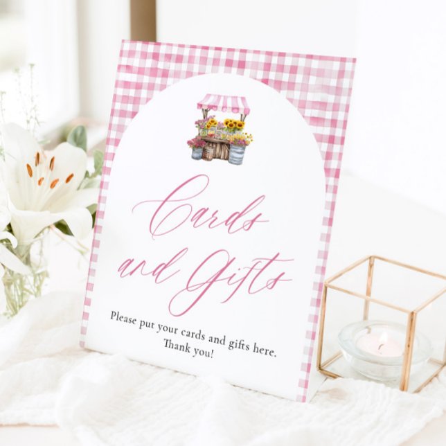 Pink Gingham Fresh Off The Market Cards and Gifts Pedestal Sign (Watercolor Pink Gingham Fresh Off The Market Cards and Gifts Sign)