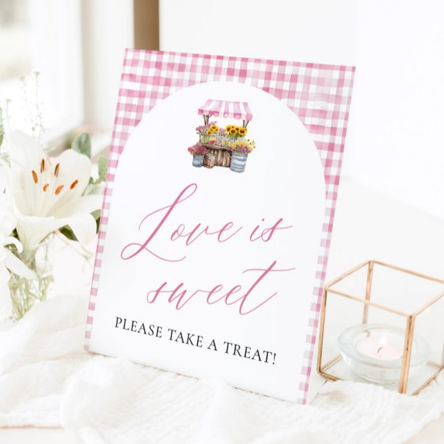 Pink Gingham Fresh Off The Market Love is Sweet Pedestal Sign (Watercolor Pink Gingham Fresh Off The Market Love is Sweet Sign)