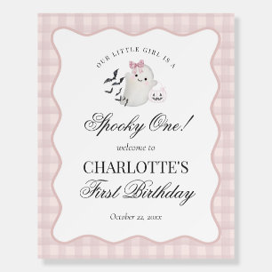Pink Gingham Ghost Spooky One 1st Birthday Welcome Foam Board