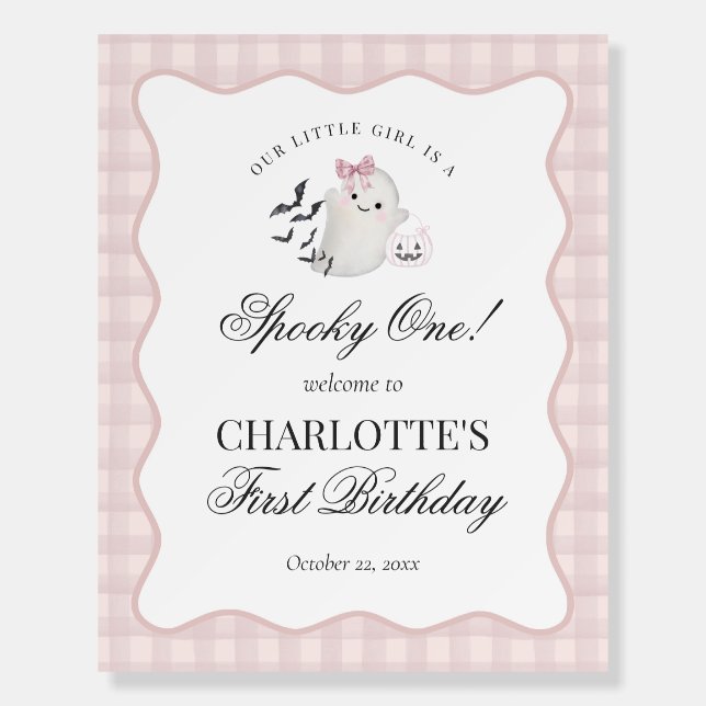 Pink Gingham Ghost Spooky One 1st Birthday Welcome Foam Board (Front)