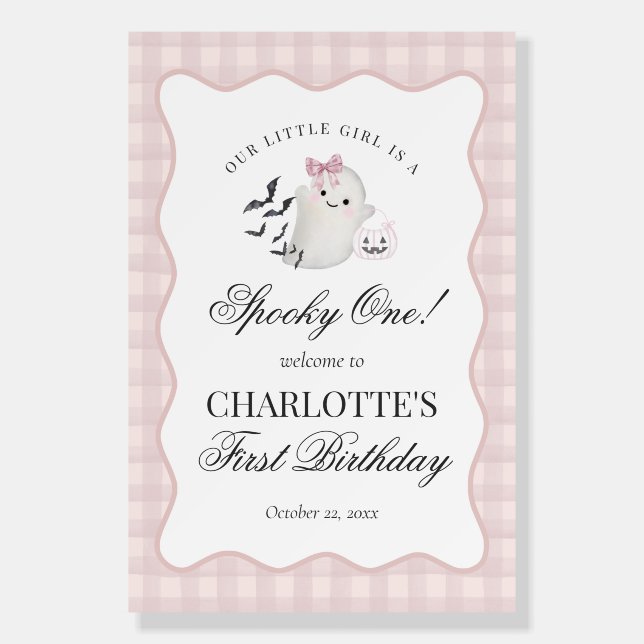 Pink Gingham Ghost Spooky One 1st Birthday Welcome Foam Board (Front)