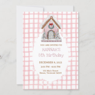 Pink Gingham Gingerbread Birthday Invitation