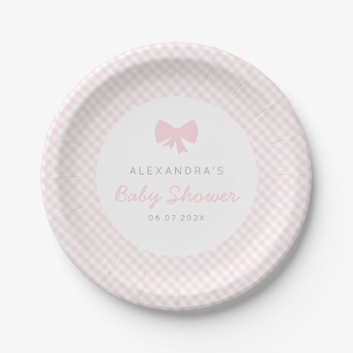 Pink gingham girl baby shower paper plates