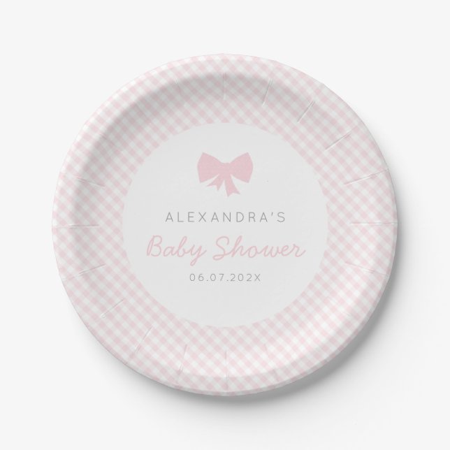 Pink gingham girl baby shower paper plates (Front)