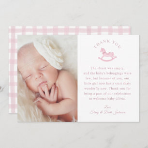Pink Gingham Girl Baby Shower Photo Thank You Card
