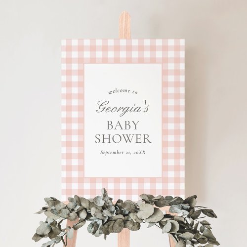 Pink Gingham Girl Baby Shower Welcome Sign
