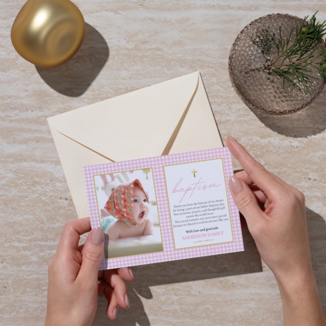 Pink Gingham Girl Baptism Heartfelt Gratitude Note Thank You Card (Creator Uploaded)