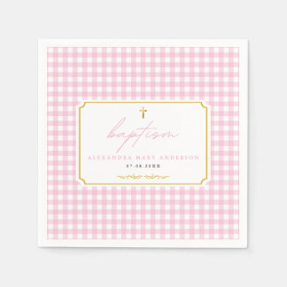 Pink Gingham Girl Baptism Minimalist Elegant Touch Napkins