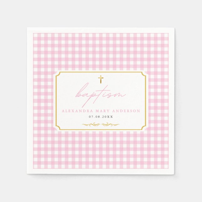 Pink Gingham Girl Baptism Minimalist Elegant Touch Napkins (Front)